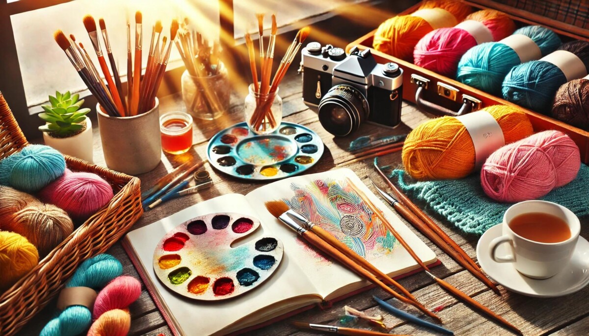 A vibrant and inspiring image showcasing creative hobbies, featuring a desk with an open sketchbook, a paint palette with brushes, colorful yarn for knitting, a camera, and a journal. Sunlight streams through a window, creating a warm and inviting atmosphere.